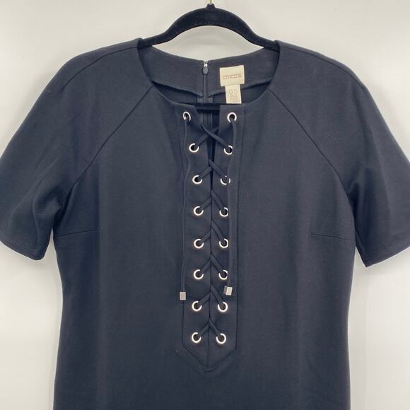 Chicos Dress Black Dress Lace Up Front Zip Up Back Midi Short Sleeve Womens 6 - Picture 4 of 10
